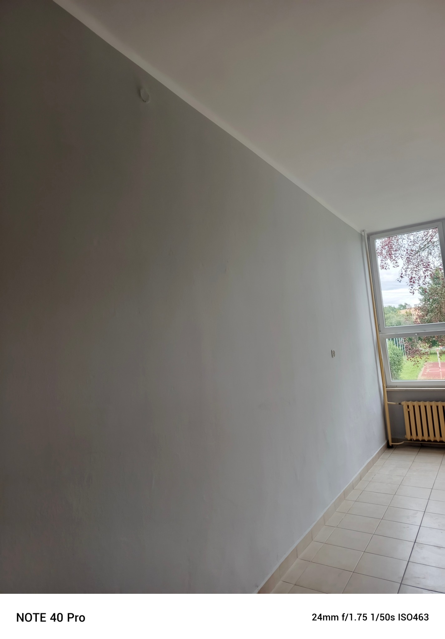 Ściana pomalowana na szaro, widoczne okno z grzejnikiem. Listwa sufitowa podkreśla świeżość wykończenia. Minimalistyczny design wnętrza.