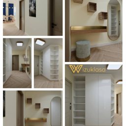 Wizuklasa Wizualizacje Wnętrz - Wnętrze mieszkania: przedpokój z szafą wnękową, toaletką z lustrem i drewnianymi półkami. Widoczne oświetlenie i drewniana podłoga w jodełkę. Neutralna kolorystyka ścian.