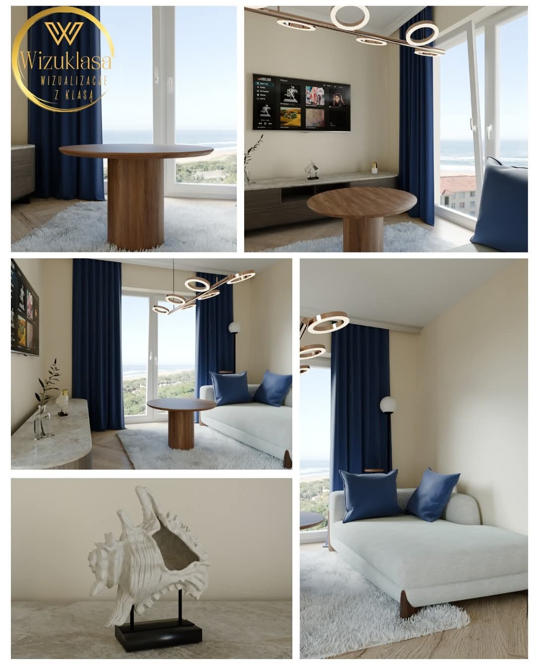 Wizualizacja wnętrza: salon z drewnianym stolikiem kawowym, miękkim dywanem i błękitnymi akcentami dekoracyjnymi. Widok na morze przez okno.