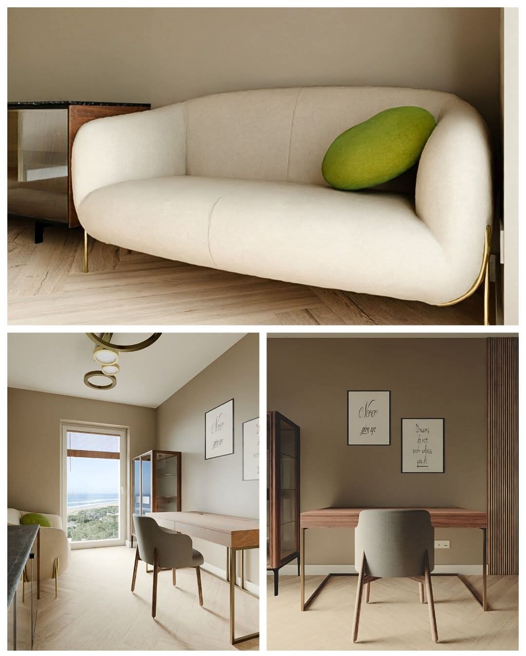 Nowoczesne wnętrze: kremowa sofa z zieloną poduszką, biurko z krzesłem, minimalistyczne dekoracje ścienne, widok na morze przez okno. Jasna podłoga.