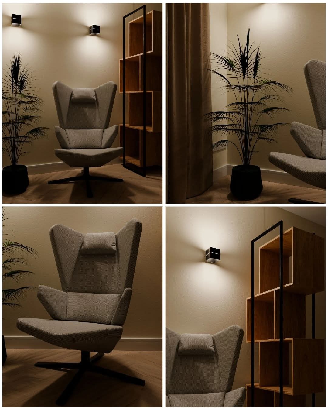 Klimatyczny kącik relaksu w Warszawie: fotel z zagłówkiem, regał modułowy, roślina w doniczce i minimalistyczne oświetlenie ścienne tworzą spójną aranżację.