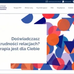 Strona internetowa centrum terapii z hasłem: Doświadczasz trudności w relacjach? - ta terapia jest dla Ciebie. Geometryczne tło z kół i trójkątów.