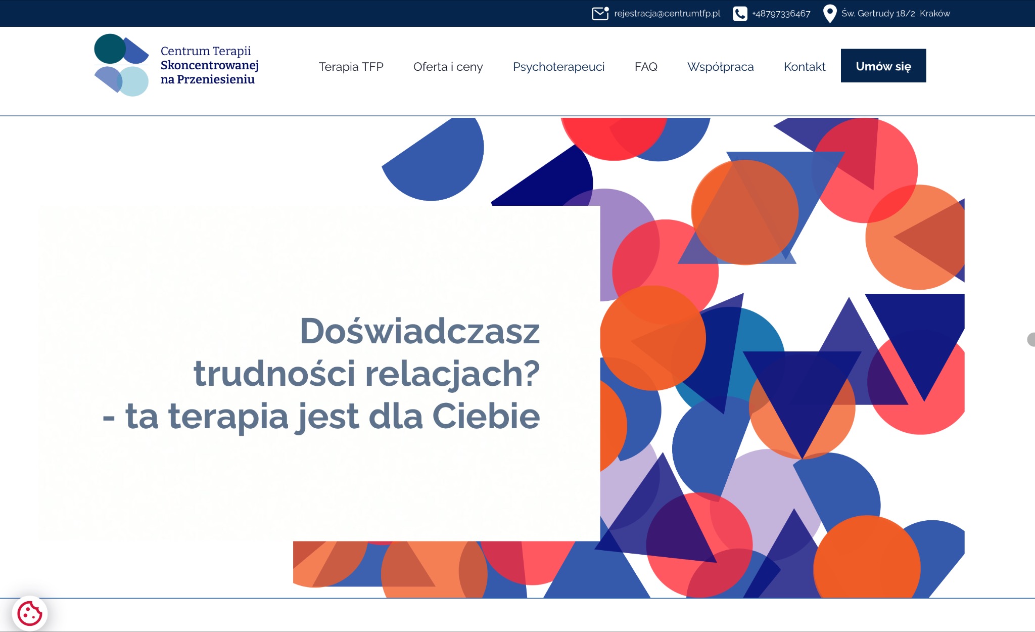 Strona internetowa centrum terapii z hasłem: Doświadczasz trudności w relacjach? - ta terapia jest dla Ciebie. Geometryczne tło z kół i trójkątów.