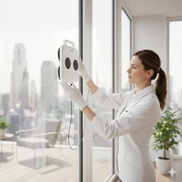 OmniBest - Kobieta w białym uniformie używa robota do mycia okien w nowoczesnym apartamencie z widokiem na miasto. Urządzenie przylega do szyby, a ona je delikatnie przytrzymuje.