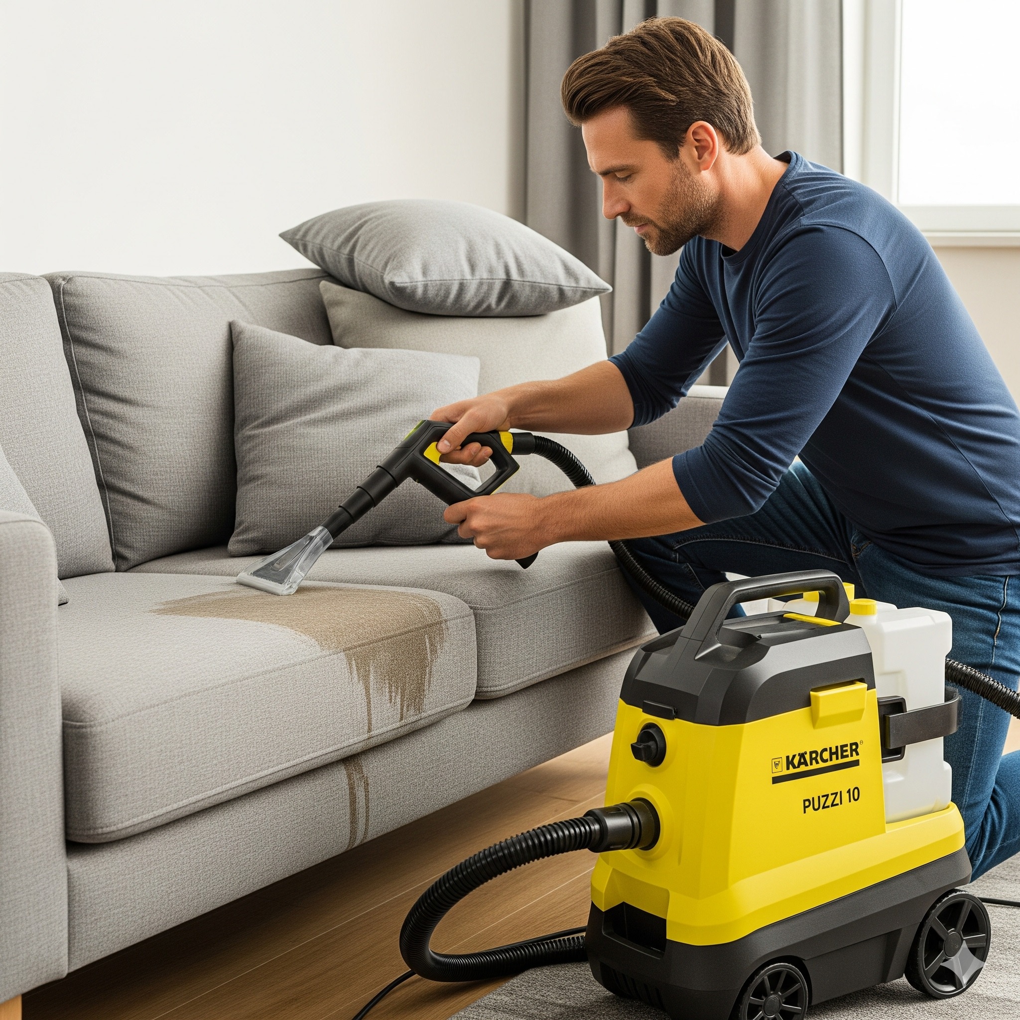 Mężczyzna czyści jasnoszarą sofę odkurzaczem Kärcher Puzzi 10, widoczne zabrudzenia na tapicerce, jasne tło.