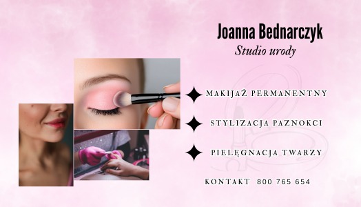 Wizytówka studia urody w odcieniach różu i czerni. Prezentuje makijaż permanentny, stylizację paznokci i pielęgnację twarzy. Zawiera dane kontaktowe.