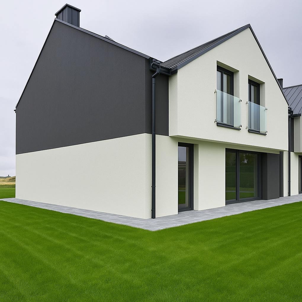 Nowoczesny dom z dwukolorową elewacją: szara góra, kremowy dół. Minimalistyczny design, duże okna, szklane balustrady. Zadbane otoczenie z trawnikiem.