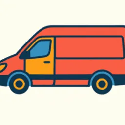 Ilustracja przedstawia kolorowy, uproszczony rysunek furgonetki w odcieniach czerwieni, żółci i granatu na jasnym tle. Stylizacja graficzna, bez szczegółów.