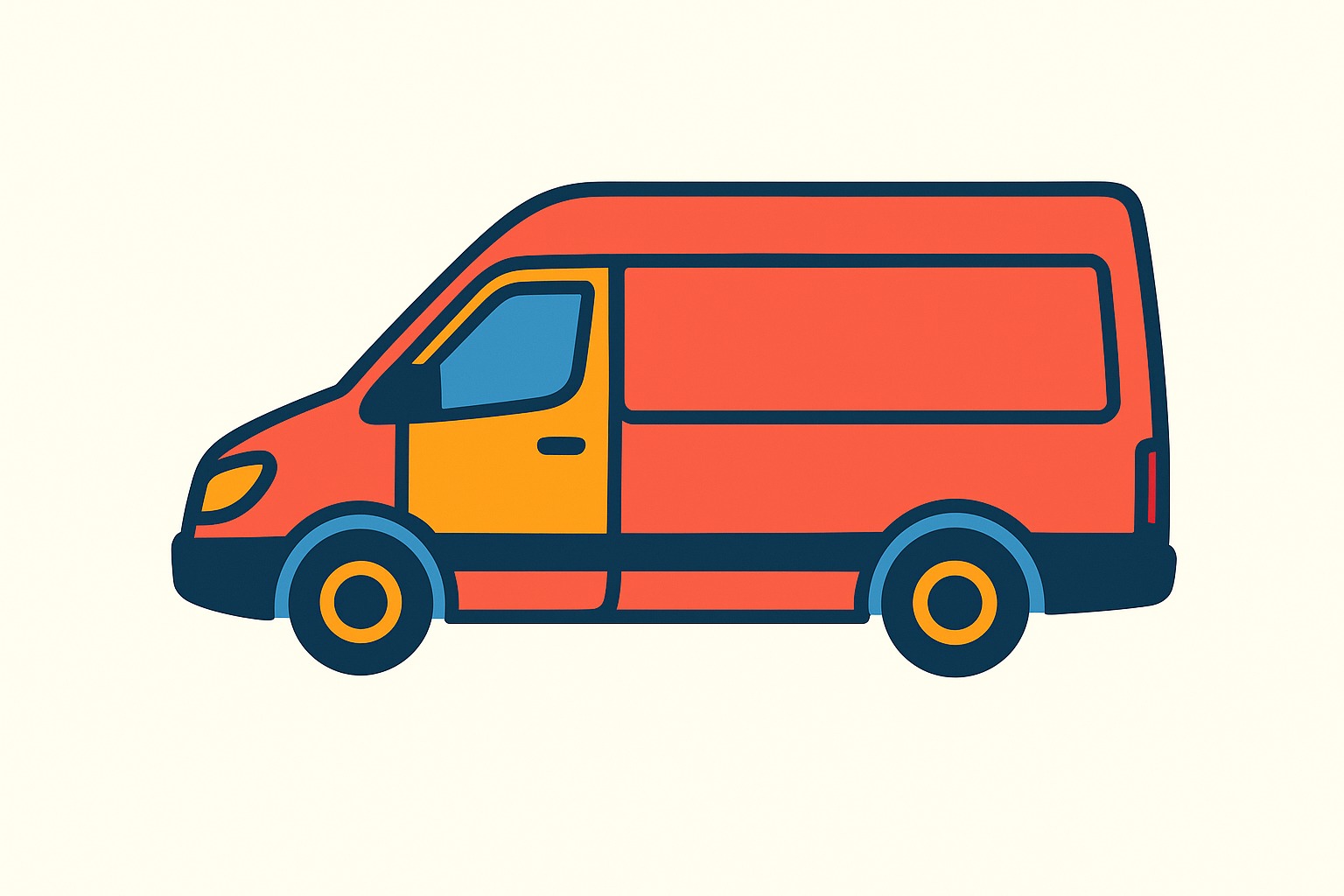 Ilustracja przedstawia kolorowy, uproszczony rysunek furgonetki w odcieniach czerwieni, żółci i granatu na jasnym tle. Stylizacja graficzna, bez szczegółów.