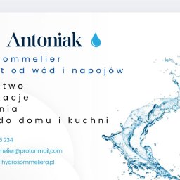 Brak - Wizytówka hydrosommeliera Piotra Antoniaka z grafiką kieliszka z wodą i numerem telefonu. Oferta: doradztwo, degustacje, szkolenia, woda do domu.