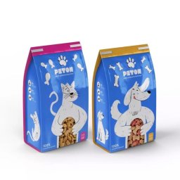 Brak - Dwa opakowania karmy dla zwierząt Peton z ilustracjami psa i kota na niebieskim tle, prezentowane w Żywcu. Opakowania różnią się kolorem górnej części.