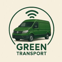 Brak - Grafika: Zielony van z symbolem Wi-Fi w okręgu. Napis 'GREEN TRANSPORT' sugeruje ekologiczny transport. Ilustracja w stonowanej kolorystyce, lekko ziarnista.