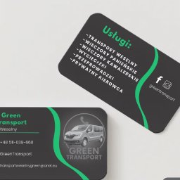 Brak - Dwie wizytówki Green Transport w odcieniach szarości i zieleni. Jedna z listą usług transportowych, druga z danymi kontaktowymi i grafiką busa.