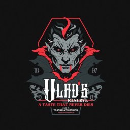 Brak - Grafika w stylu vintage przedstawiająca wampira z napisem 'Vlad's Reserve. A taste that never dies. Aged in Transylvanian Oak' na czarnym tle.