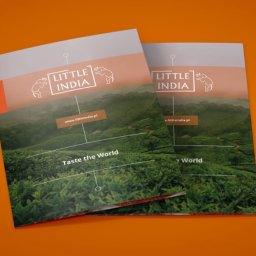 Brak - Dwa identyczne, matowe foldery reklamowe 'Little India' z motywem plantacji herbaty na okładce, leżące na pomarańczowym tle. Widoczna nazwa firmy i hasło 'Taste the World'.