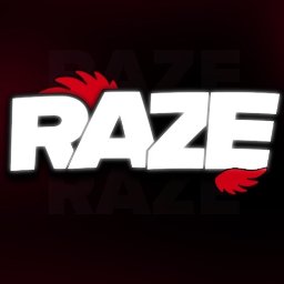 Brak - Graficzne logo 'RAZE' w bieli z czerwonymi akcentami przypominającymi płomienie, umieszczone na ciemnym, rozmytym tle, tworzące nowoczesny i dynamiczny wizerunek.