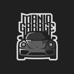 Brak - Ilustracja wektorowa: Szary samochód sportowy z napisem 'Manio Garage' w stylu logo, na czarnym tle. Grafika z obrysem i detalami, idealna na wizytówkę lub naklejkę.