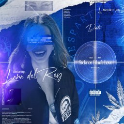 Brak - Okładka singla z wizerunkiem uśmiechniętej kobiety, stylem graficznym i napisem 'Sicknes Blue's Love' oraz 'Lana del Rey'. Elementy graficzne w odcieniach niebieskiego.