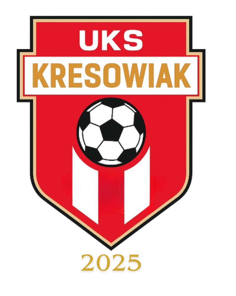 Herb klubu sportowego UKS Kresowiak na czerwonym tle, z piłką nożną i rokiem 2025. Grafika w kolorach czerwonym, białym i złotym.