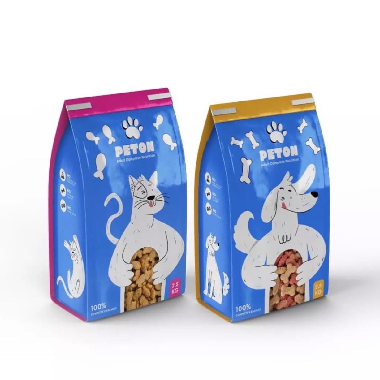 Dwa opakowania karmy dla zwierząt Peton z ilustracjami psa i kota na niebieskim tle, prezentowane w Żywcu. Opakowania różnią się kolorem górnej części.