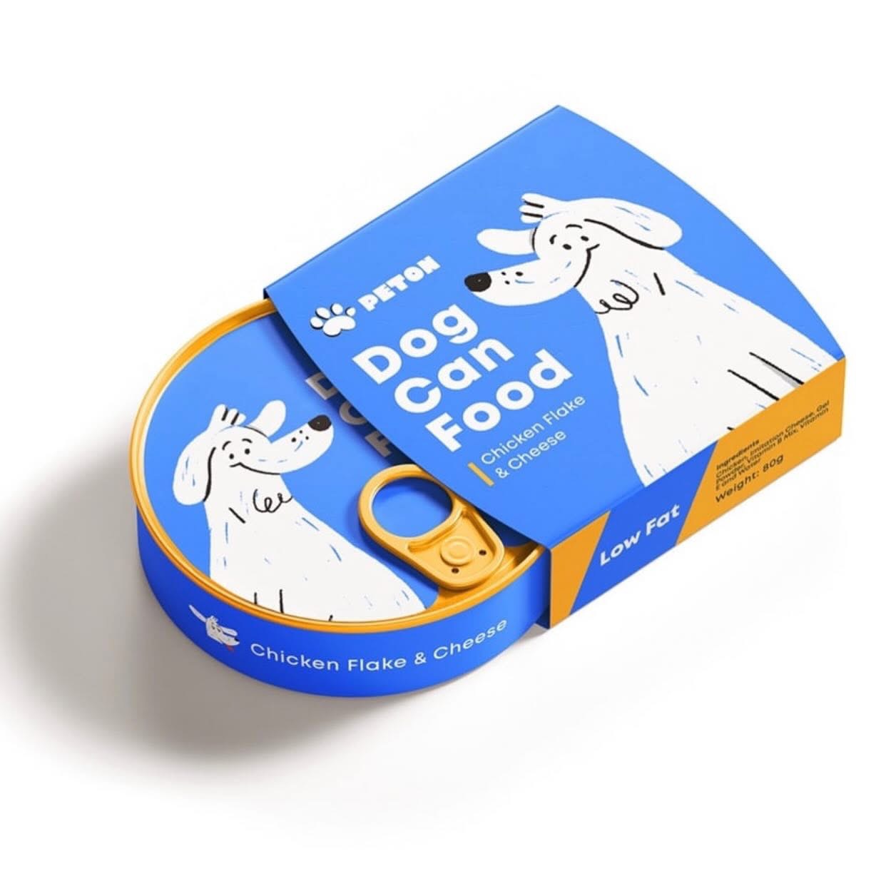 Niebieskie opakowanie karmy dla psów w puszce z ilustracją psa i napisem 'Dog Can Food'. Opakowanie ma etykietę 'Low Fat' i informację o składnikach.