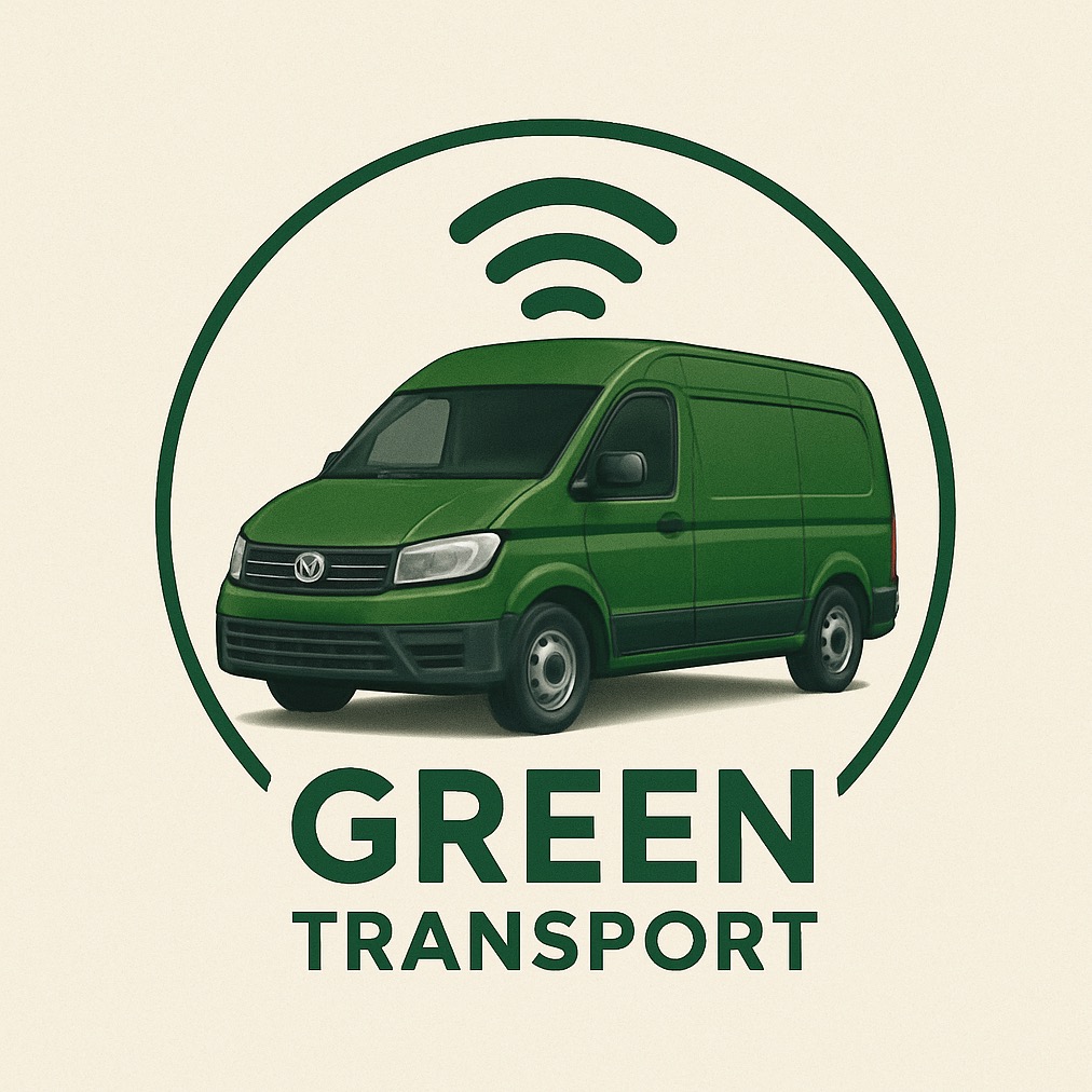 Grafika: Zielony van z symbolem Wi-Fi w okręgu. Napis 'GREEN TRANSPORT' sugeruje ekologiczny transport. Ilustracja w stonowanej kolorystyce, lekko ziarnista.
