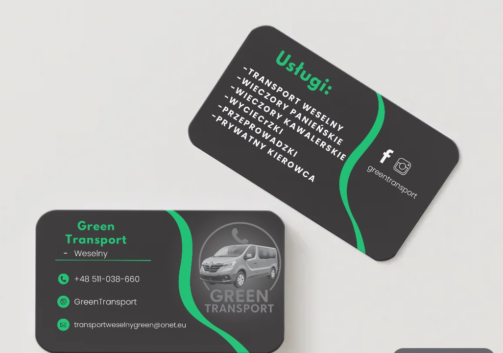 Dwie wizytówki Green Transport w odcieniach szarości i zieleni. Jedna z listą usług transportowych, druga z danymi kontaktowymi i grafiką busa.