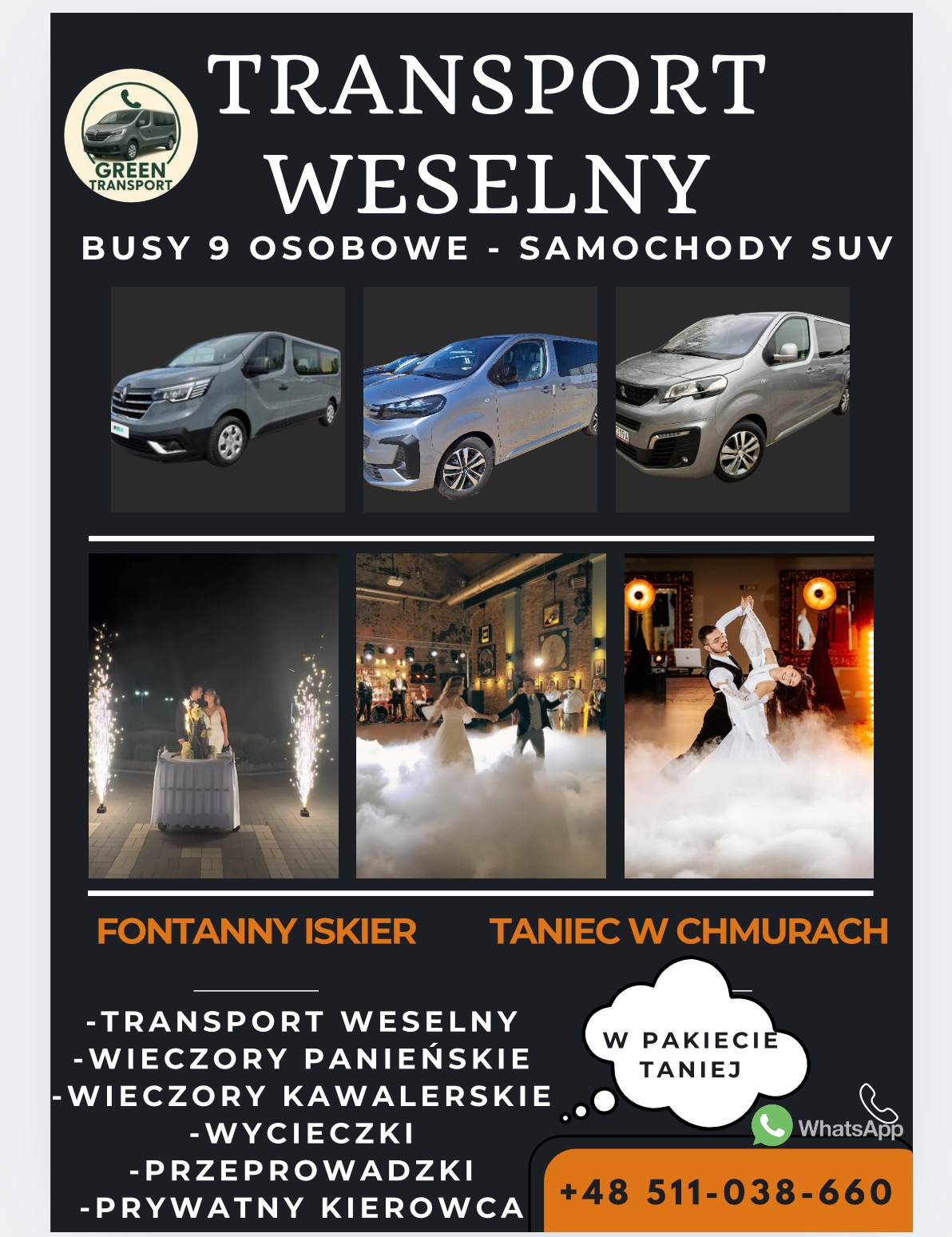Reklama transportu weselnego: busy 9-osobowe, samochody SUV, fontanny iskier, taniec w chmurach. Kontakt telefoniczny i WhatsApp. Green Transport logo w lewym górnym rogu.
