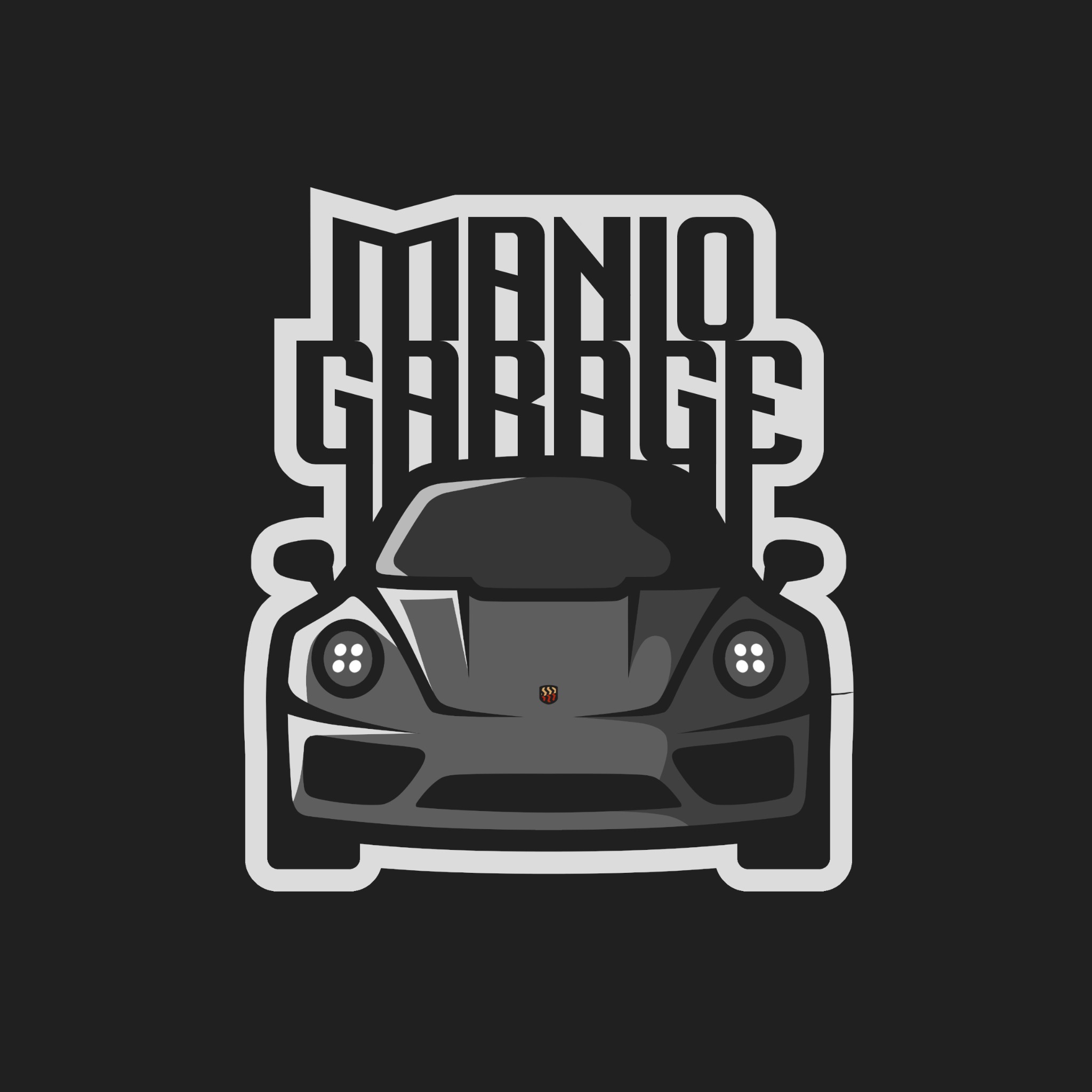Ilustracja wektorowa: Szary samochód sportowy z napisem 'Manio Garage' w stylu logo, na czarnym tle. Grafika z obrysem i detalami, idealna na wizytówkę lub naklejkę.