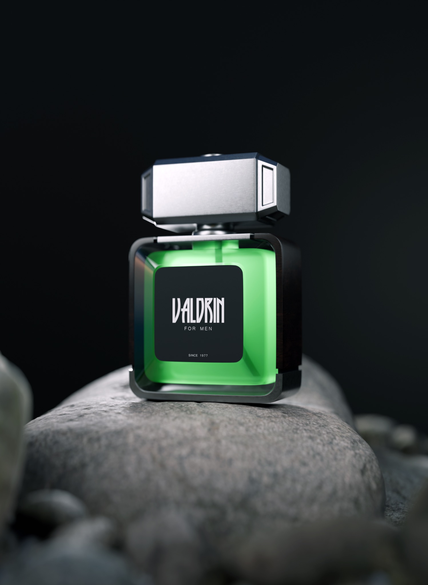 Flakon zielonych perfum Valdrin for Men na kamiennej powierzchni, czarne tło, oświetlenie studyjne. Minimalistyczny design, prezentacja produktu z dbałością o detale.