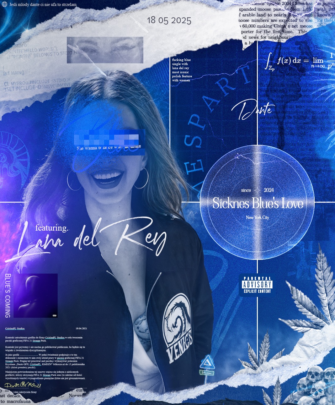 Okładka singla z wizerunkiem uśmiechniętej kobiety, stylem graficznym i napisem 'Sicknes Blue's Love' oraz 'Lana del Rey'. Elementy graficzne w odcieniach niebieskiego.