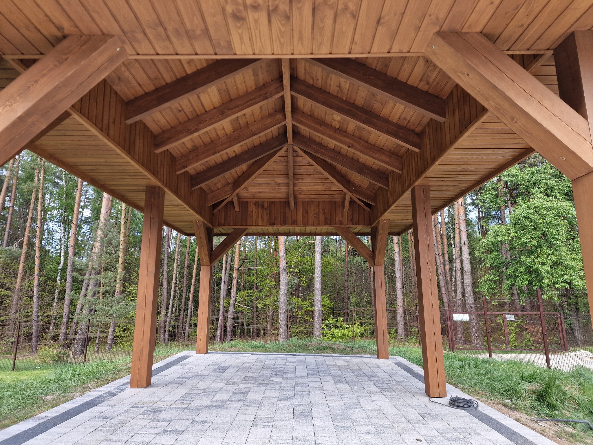 Drewniana pergola z widokiem na las, jasne drewno, szara kostka brukowa. Konstrukcja z belek, widoczne łączenia. Tło z drzew iglastych i liściastych.