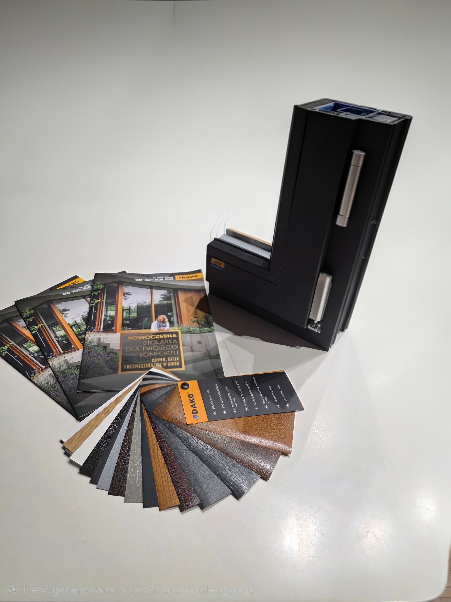 Czarny profil okienny DAKO, wachlarz próbek oklein PVC i katalogi z realizacjami na białym tle. Prezentacja stolarki okiennej.