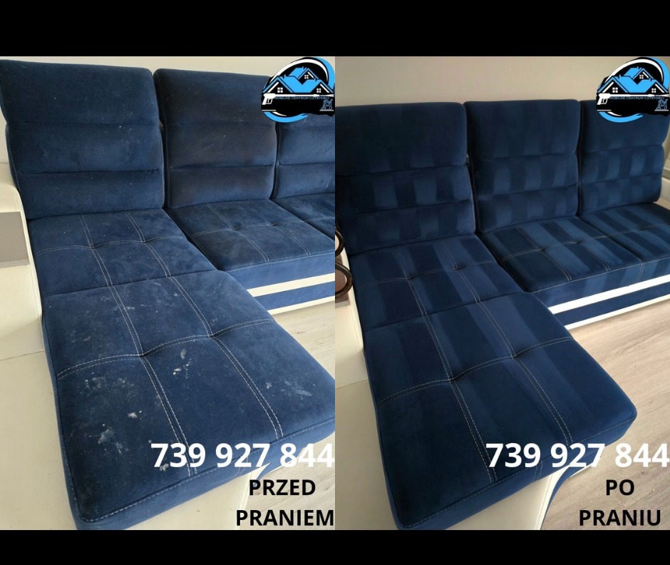 Zdjęcie 'przed i po' przedstawia czyszczenie narożnika z granatowej tapicerki. Widoczne wyraźne różnice w czystości materiału po zabiegu, z uwzględnieniem detali i faktury.