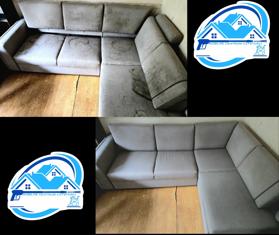 Narożnik przed i po czyszczeniu, z widocznymi plamami na górnym zdjęciu i czystą tapicerką na dolnym, na jasnej podłodze. Obok logo firmy czyszczącej.