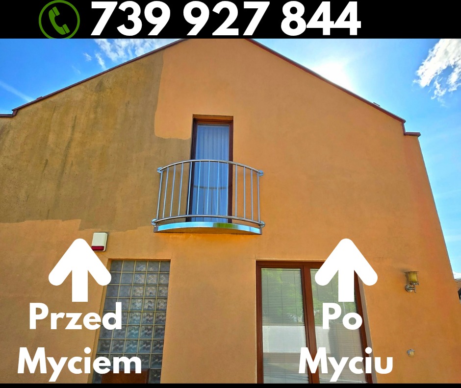 Elewacja domu przed i po myciu, z widoczną różnicą w czystości tynku. Po lewej stronie widoczny brudny tynk, po prawej czysty. Na górze numer telefonu.