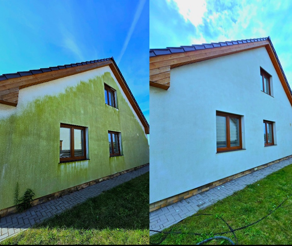 Dom przed i po czyszczeniu elewacji. Po lewej zielony nalot, po prawej czysta, biała elewacja. Widoczne brązowe ramy okienne i fragment trawnika.
