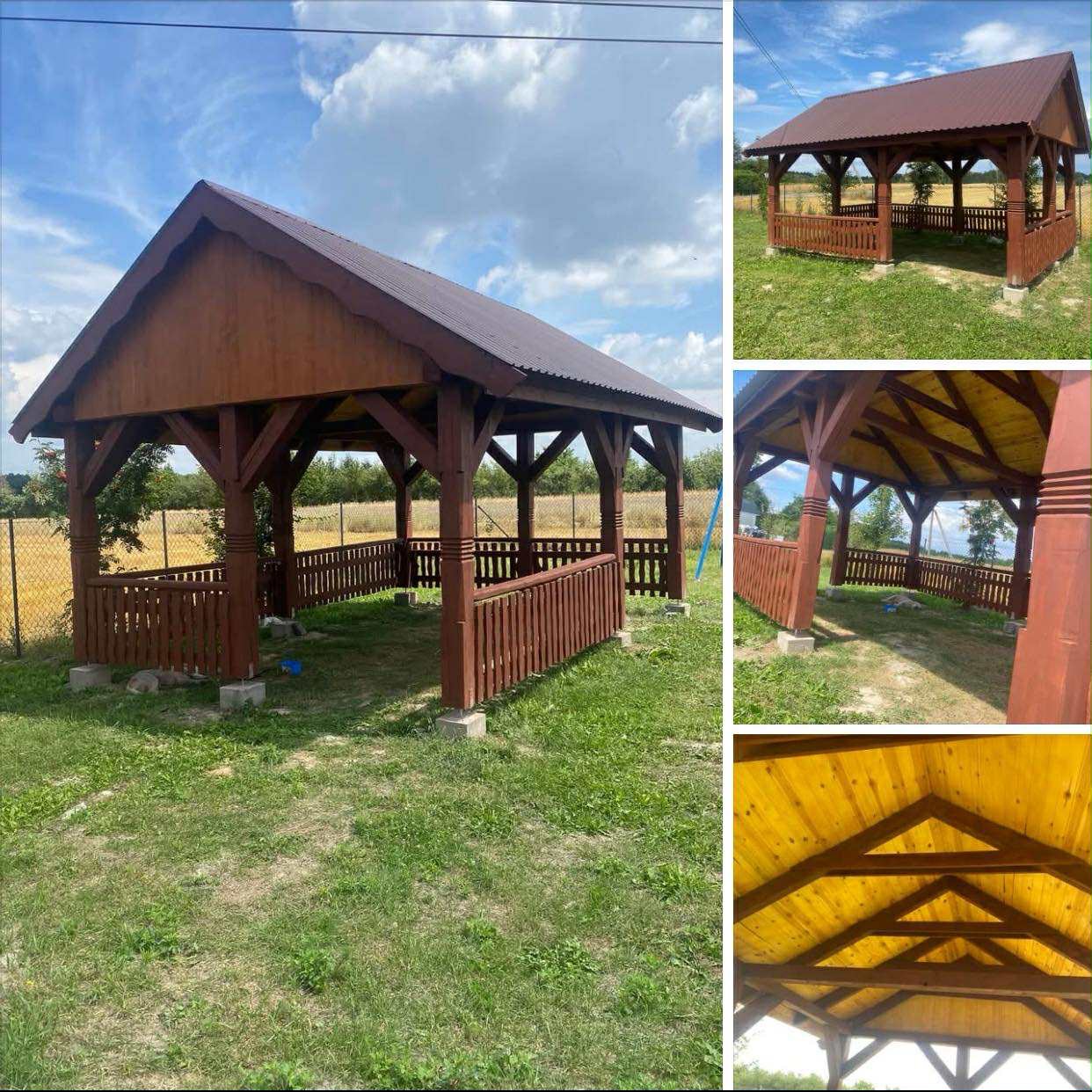 Drewniana altana ogrodowa z brązowym dachem na trawniku w słoneczny dzień. Widoczne elementy konstrukcyjne i wykończeniowe. Detale stolarskie.