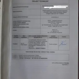 Dokumentacja projektowa remontu placówki: projekt wentylacji, klimatyzacji, instalacji odciągów. Dane adresowe i podpis projektanta mgr inż. Paweł Kaczer.