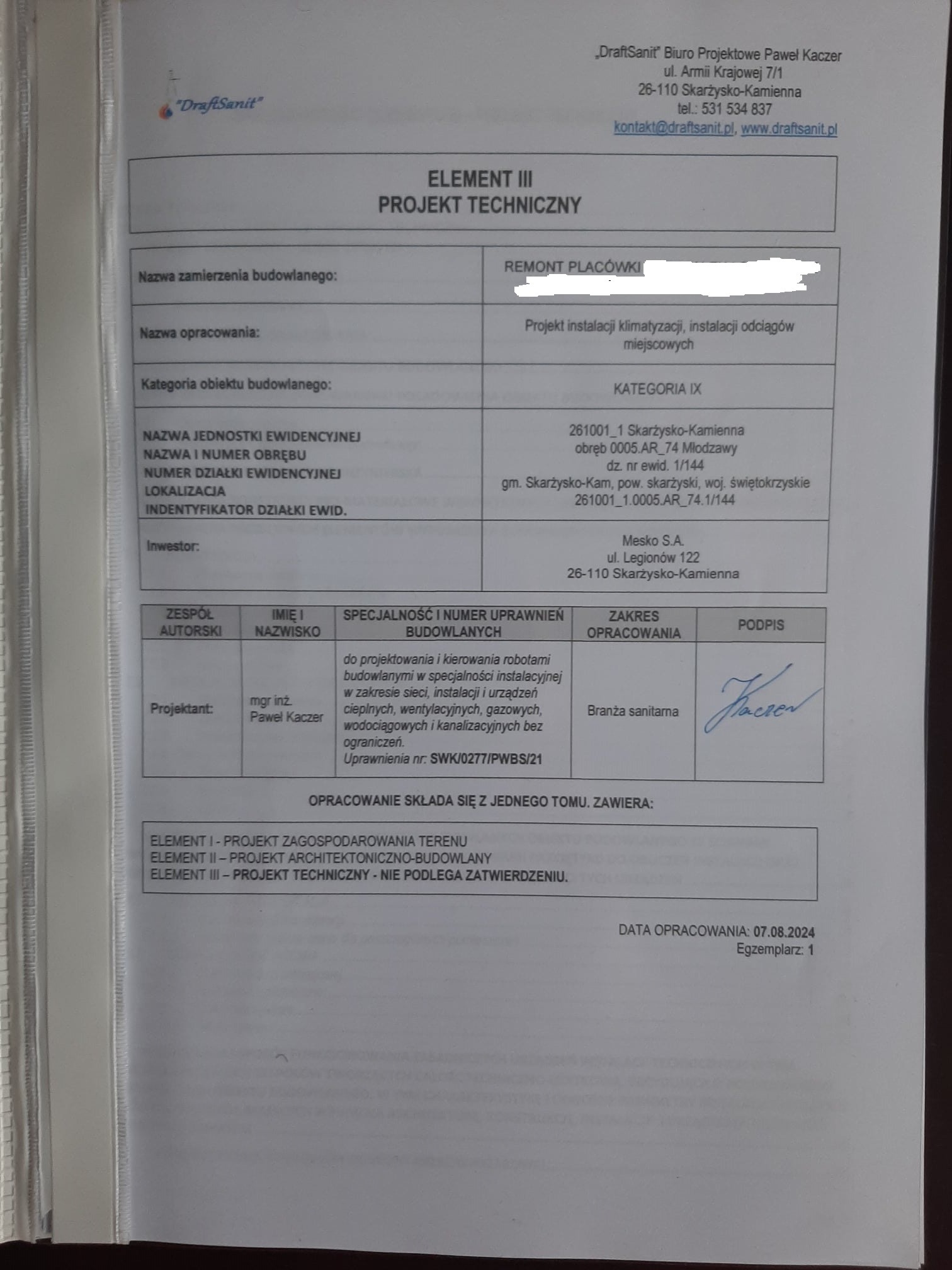 Projekt techniczny remontu placówki: dokumentacja z danymi inwestora, zakresem opracowania (branża sanitarna) i podpisem projektanta. Element III - projekt techniczny.