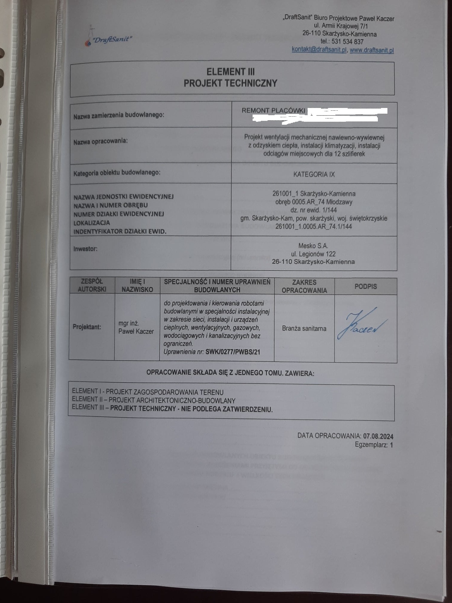 Dokumentacja projektowa remontu placówki: projekt wentylacji, klimatyzacji, instalacji odciągów. Dane adresowe i podpis projektanta mgr inż. Paweł Kaczer.