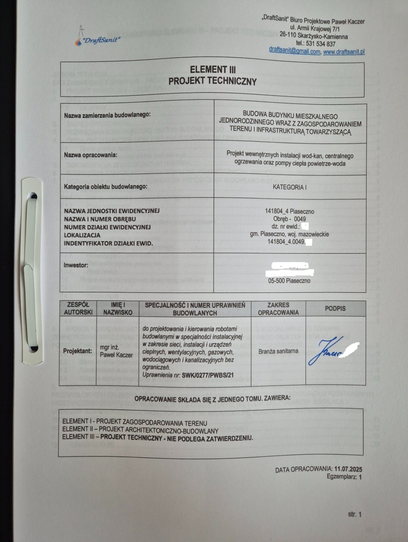 Dokumentacja projektowa instalacji sanitarnych w Skarżysko-Kamiennej. Projekt techniczny z danymi budynku, inwestora i projektanta, Pawła Kaczera z firmy DraftSanit.