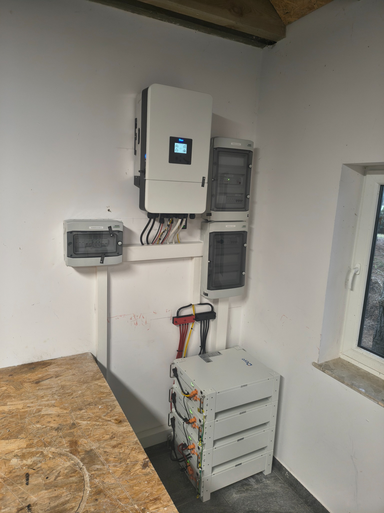 Białe akumulatory energii, inwerter i rozdzielnice zamontowane na ścianie w pomieszczeniu z oknem. Widoczne kable i przewody. Całość tworzy system magazynowania energii.