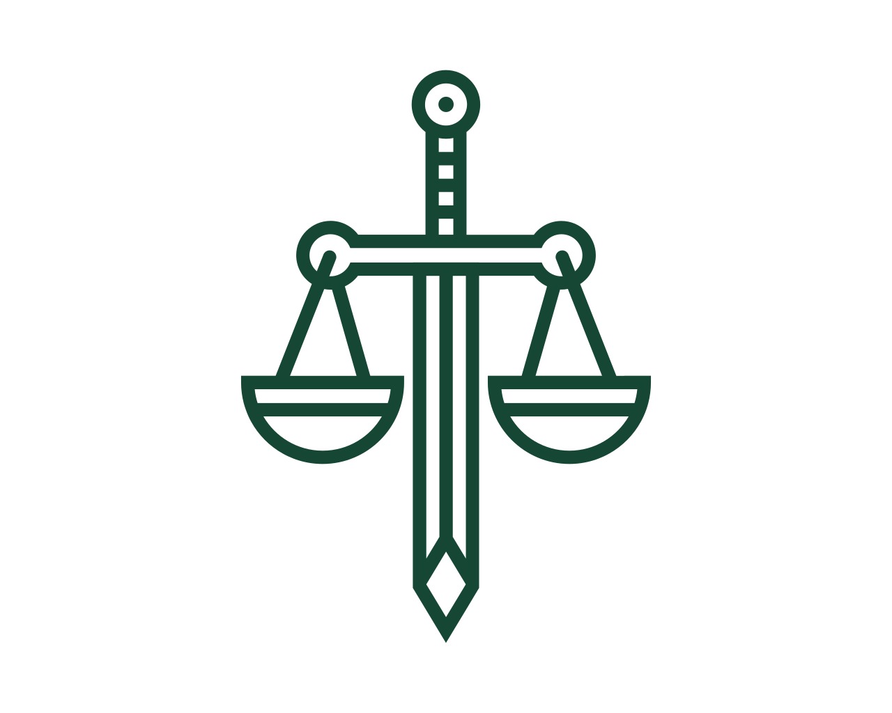 Zielony, minimalistyczny symbol sprawiedliwości: miecz z wagą na białym tle. Grafika wektorowa w stylu flat design, idealna dla kancelarii prawnej.