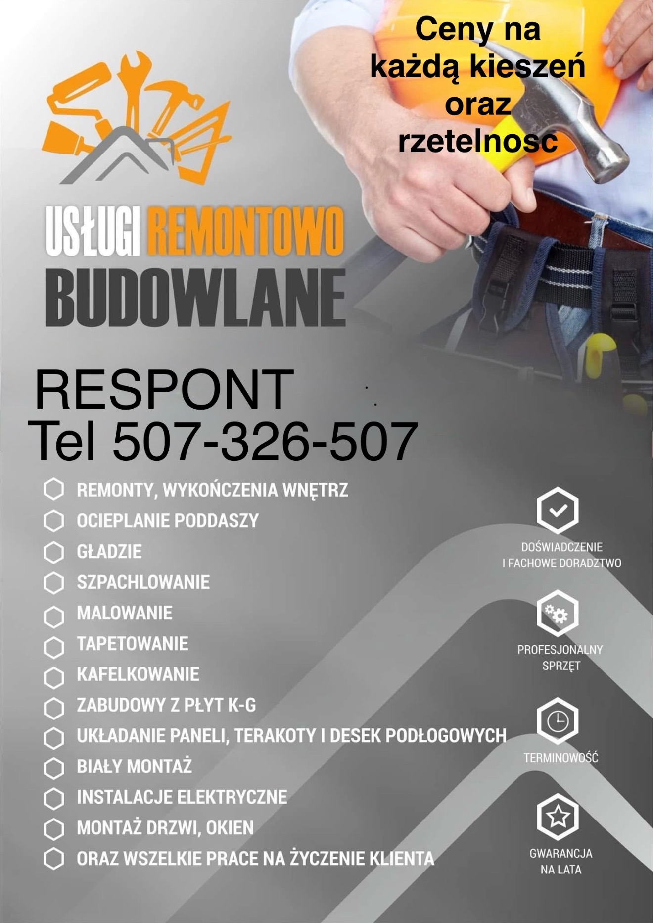 Ogłoszenie usług remontowo-budowlanych z hasłem 'Ceny na każdą kieszeń'. Widoczny pracownik z narzędziami i lista oferowanych usług, np. malowanie i szpachlowanie.