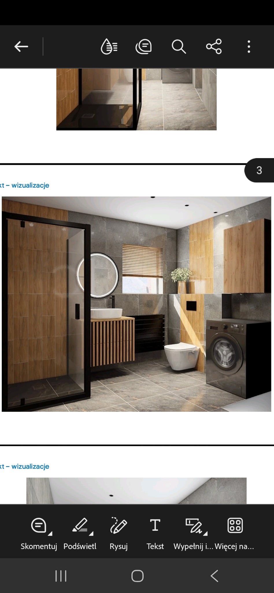 Wizualizacja łazienki z kabiną typu walk-in, umywalką na szafce z drewnianymi lamelami, toaletą i pralką w ciemnej obudowie. Szare płytki podłogowe i ścienne.