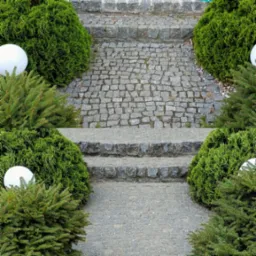 Kamienna ścieżka z dwoma stopniami, obramowana zielonymi krzewami z białymi kulami, tworząca uporządkowany i estetyczny krajobraz ogrodu. Widok z góry.