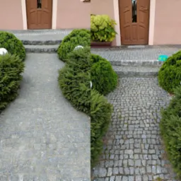 Zdjęcie kostki brukowej przed domem, podzielone na dwie części: po lewej czysta, po prawej zabrudzona mchem i piaskiem, ukazujące efekt czyszczenia.