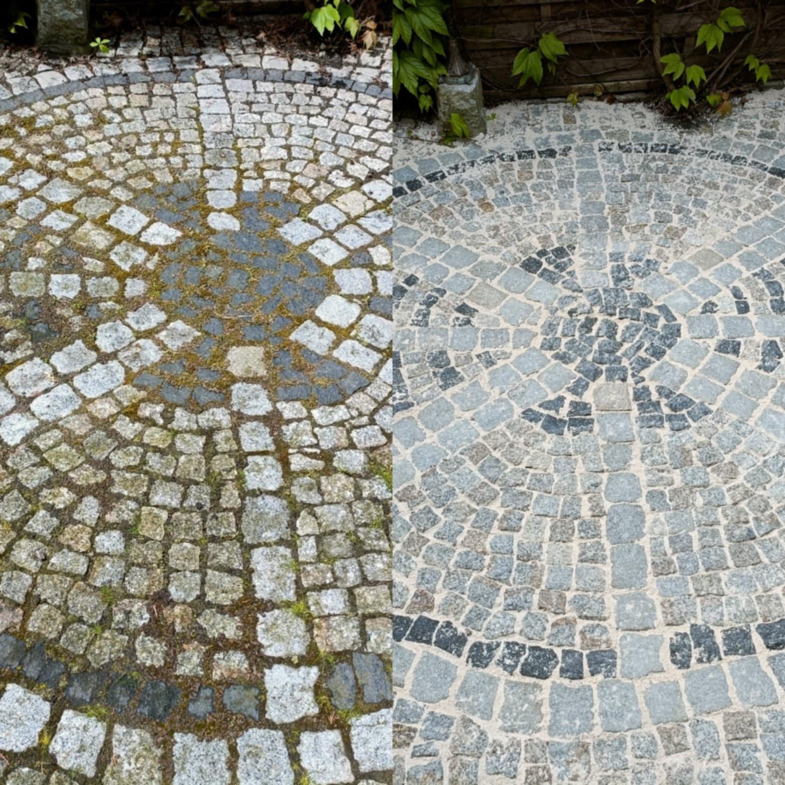 Kostka brukowa: efekt przed i po czyszczeniu. Lewa strona pokryta mchem i zabrudzeniami, prawa strona czysta, ukazująca naturalny kolor kamienia. Widoczne detale wzoru.
