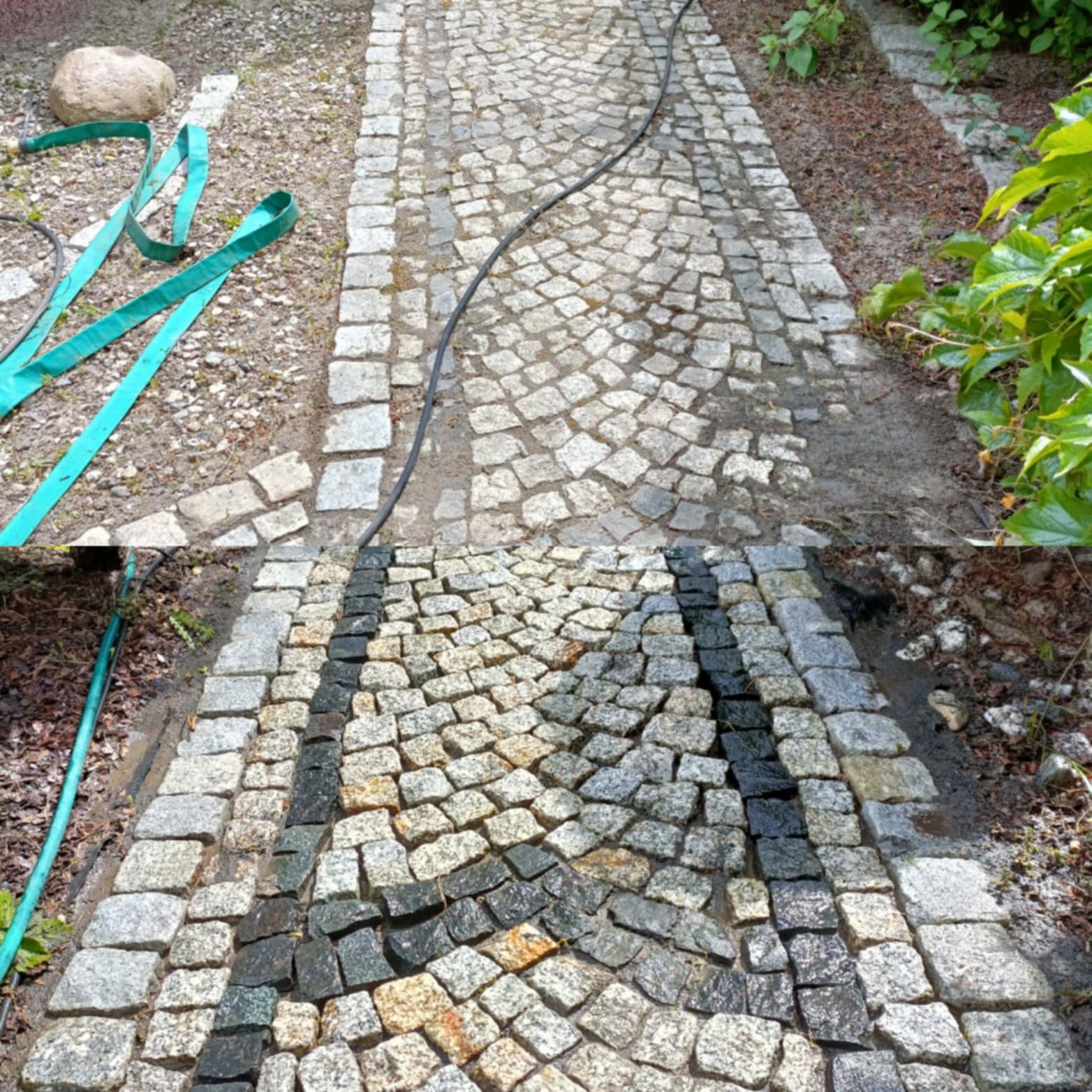 Fragment kostki brukowej, dolna część po umyciu, widoczna różnica w kolorze i czystości, w tle zielony wąż ogrodowy i roślinność.